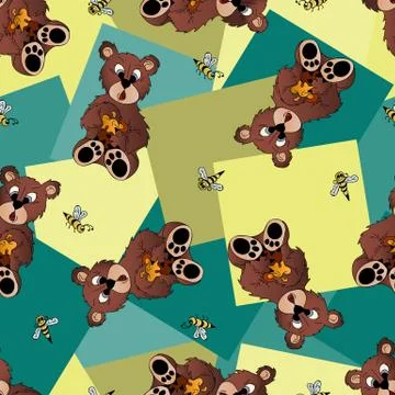 Animals, seamless pattern with a bear that eats honey with a pot and bees. 스톡 일러스트