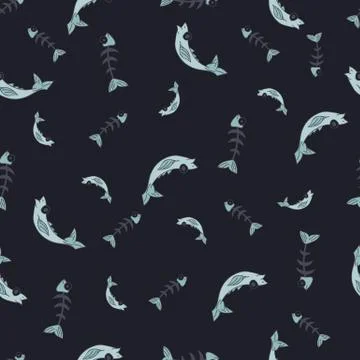 Animals, seamless pattern with cartoon fish and fish bones. Illustrazione stock