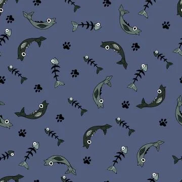 Animals, seamless pattern with cartoon fish and fish bones. 스톡 일러스트