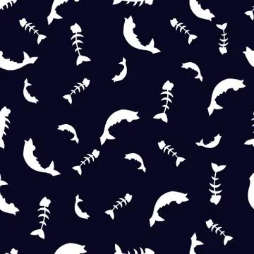 Animals, seamless pattern with cartoon fish and fish bones Illustrazione stock