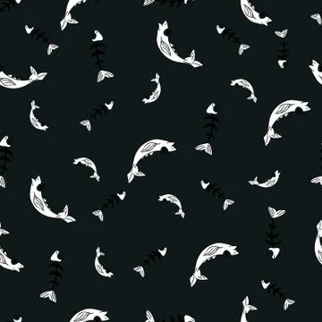 Animals, seamless pattern with cartoon fish and fish bones. Ilustración de archivo