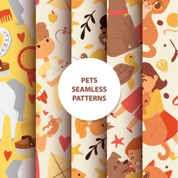 Animals seamless pattern with kids characters and little pets vector Stock Illustration
