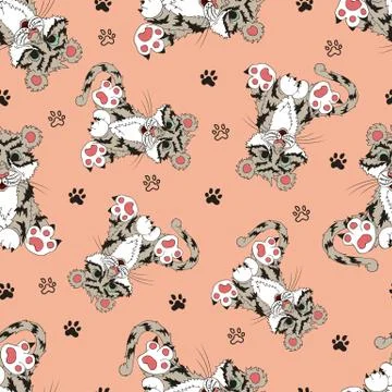 Animals, seamless pattern with a tiger and paws. イラスト素材