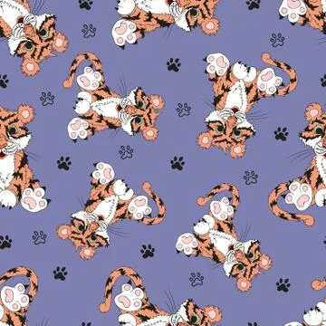 Animals, seamless pattern with a tiger and paws. Stockillustratie