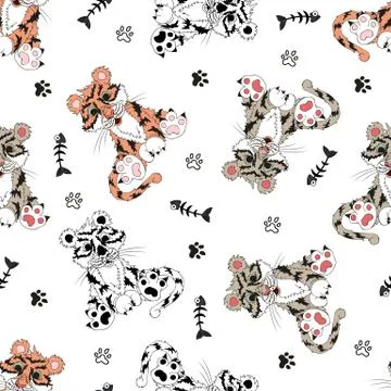 Animals, seamless pattern with a tiger with a bones from the fish and paws. Stock Illustration