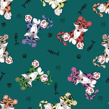 Animals, seamless pattern with a tiger with a bones from the fish and paws. イラスト素材