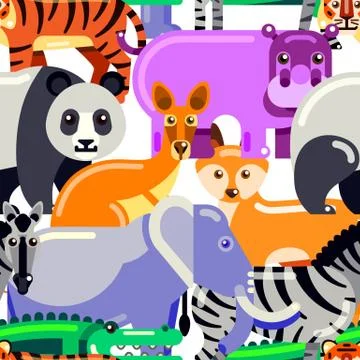 Animals seamless pattern. Vector flat illustration of zoo. Colorful cartoon b イラスト素材