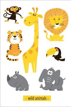 Animals set. Cartoon Monkey, giraffe, lion, hippo, elephant, tiger, toucan Stock Illustration