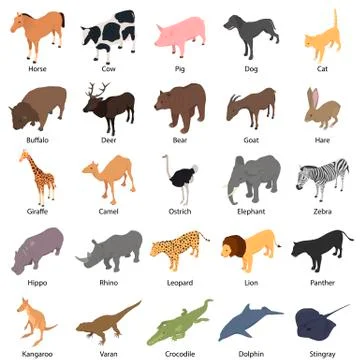 Animals with signed name icons set isometric style Stock Illustration