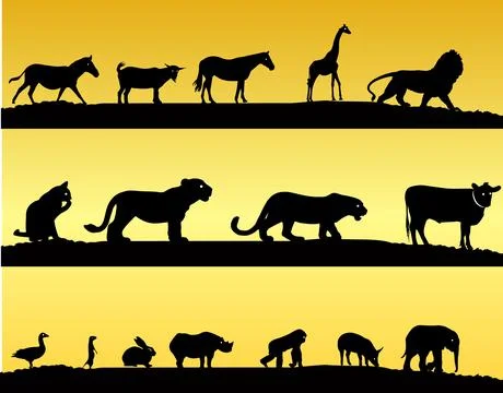 Animals silhouettes isolate on gold background Stock-Illustration