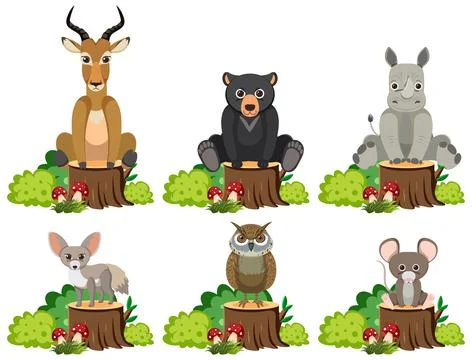 Animals Sitting on Tree Stump with Bush 스톡 일러스트