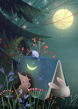 Animals sleeping in forest at night under the book Stock Illustration