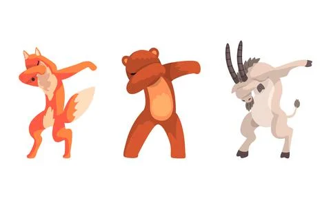 Animals Standing in Dub Dance Pose Set, Fox, Bear, Goat Doing Dabbing Cartoon Stock Illustration