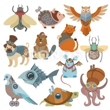 Animals steampunk vector animalistic characters in steam punk and industrial Stock Illustration