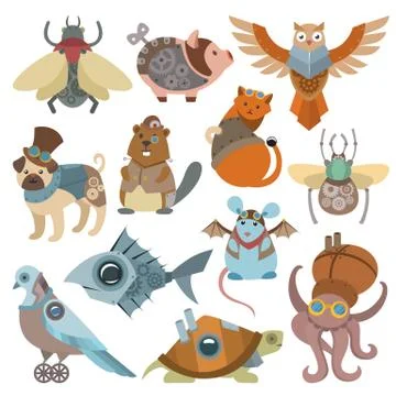 Animals steampunk vector animalistic characters in steam punk and industrial Stock Illustration