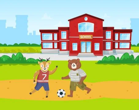 Animals students bear and deer play football on the playground in front of the Ilustración de archivo