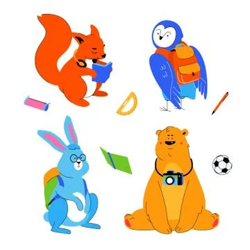 Animals students - flat design style set of cartoon characters Stock Illustration