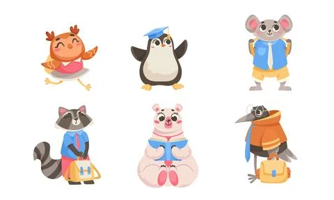 Animals Students at School Studying Having Lesson Vector Set Illustrazione stock