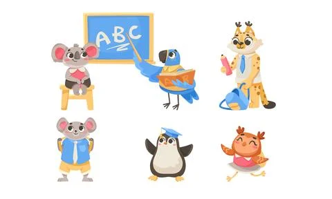 Animals Students at School Studying Having Lesson Vector Set Illustrazione stock