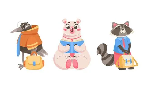 Animals Students at School Studying Having Lesson Vector Set Illustrazione stock