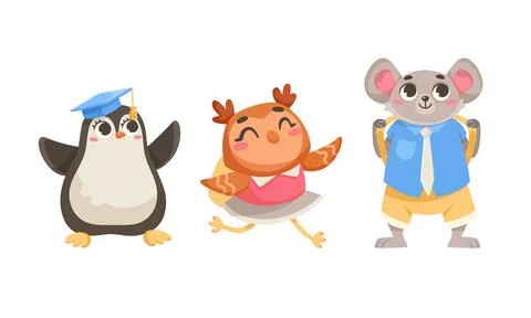 Animals Students at School Studying Having Lesson Vector Set 스톡 일러스트