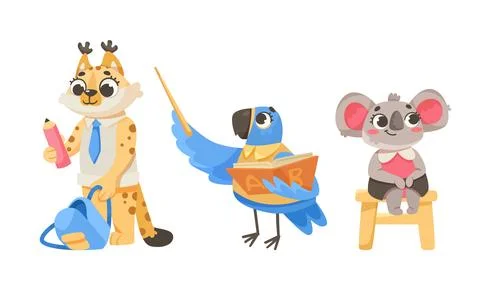 Animals Students at School Studying Having Lesson Vector Set Illustrazione stock