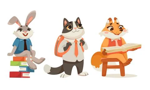 Animals Students at School Studying Having Lesson Vector Set Illustrazione stock