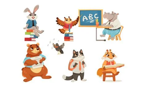 Animals Students at School Studying Having Lesson Vector Set Illustrazione stock