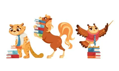Animals Students at School Studying Having Lesson Vector Set Illustrazione stock