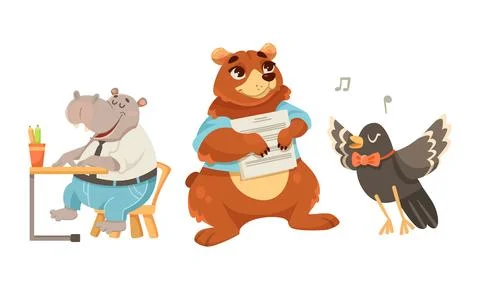 Animals Students at School Studying Having Lesson Vector Set Illustrazione stock