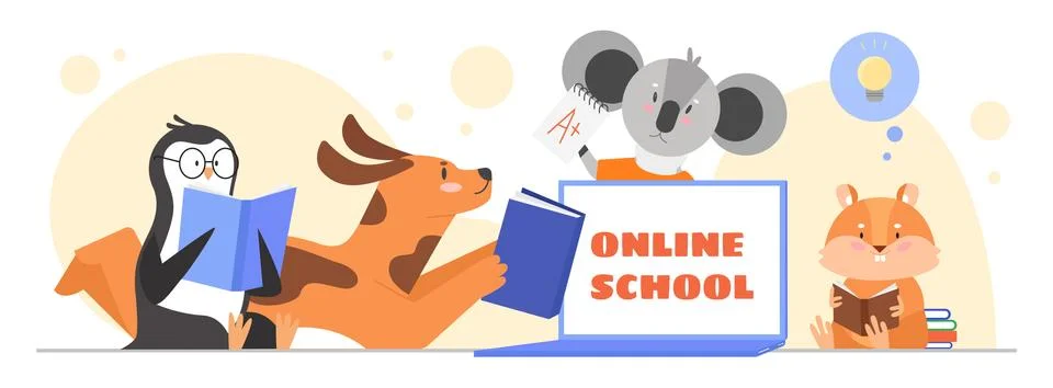 Animals study in online school classroom vector illustration, cartoon flat Illustration
