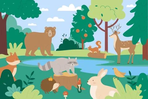 Animals in summer forest, cartoon flat funny animalistic characters enjoy Stock Illustration