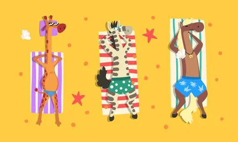 Animals Sunbathing on Beach Set, Top View of Giraffe, Zebra, Horse Relaxing on Stock Illustration