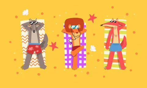 Animals Sunbathing on Beach Set, Top View of Wolf, Lion, Fox Relaxing on Stock Illustration