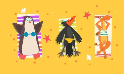Animals Sunbathing on Beach Set, Top View of Penguin, Raven, Camel Relaxing on Ilustração Stock