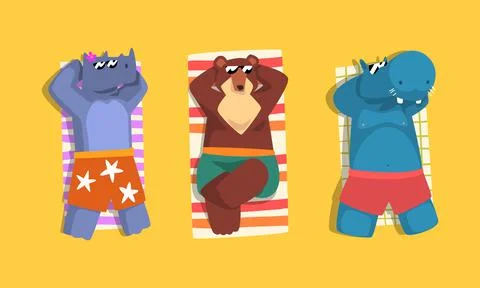 Animals Sunbathing on Beach Set, Top View of Rhino, Bear, Hippo Relaxing on Ilustración de archivo