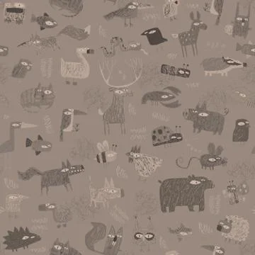 Animals tapestry seamless pattern in grey Stock Illustration