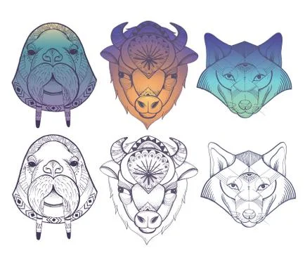 Animals totems: vector wolf, buffalo and walrus Stock Illustration