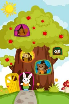 Animals in a treehouse Stock Illustration