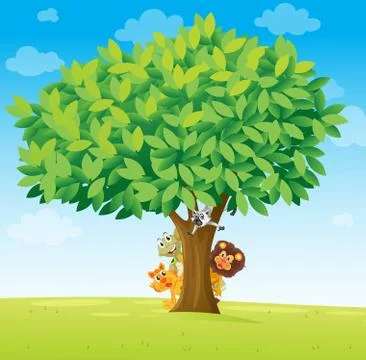 Animals under tree Illustrazione stock