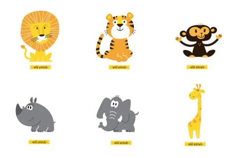 Animals vector set. Cartoon Monkey, giraffe, lion, hippo, elephant, tiger. Illustrazione stock