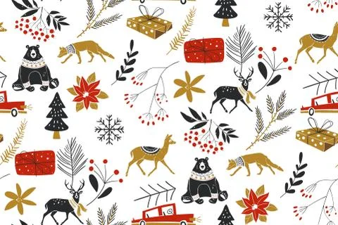 Animals winter Vector seamless pattern with the traditional Christmas floral Stock Illustration