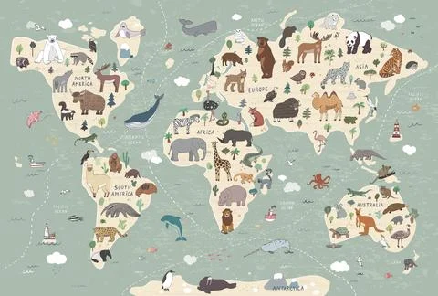 Animals world map vector poster illustrations set Illustrazione stock