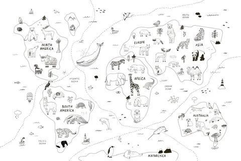 Animals world map vector poster illustrations set. Illustrazione stock