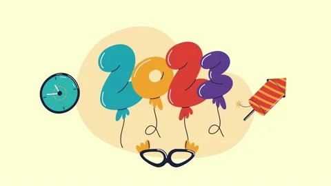 Animated 2023 balloon greeting with clock and festive party decorations for.. Stock Footage 338316741