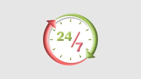 Animated 24 7 clock with red and green circle arrow. Stock Footage 280494144