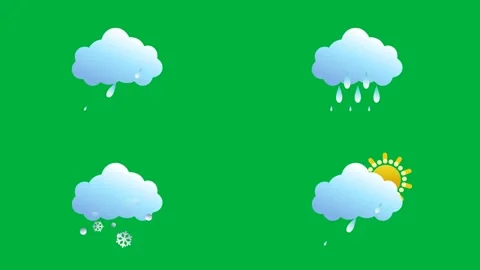 Animated 2D cartoon clouds rain and sun on a green screen ideal for chroma. Stock Footage 310122600