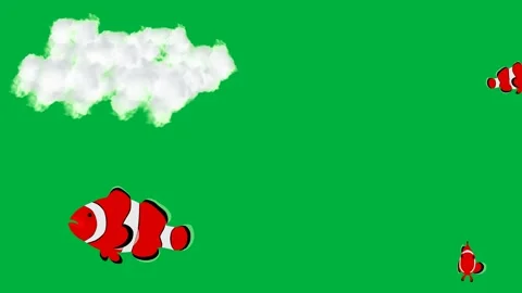 Animated 2d character clownfish clouds and red fish on green screen chroma. Stock Footage 310121608
