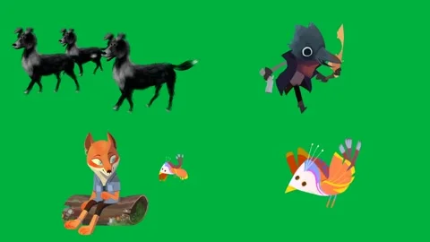 Animated 2d character three black wolves boy and sleeping girl on green. Video stock 310121470