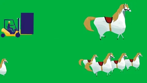 Animated 2d character tractor two white chickens and brown horse on green. 스톡 동영상 310121429